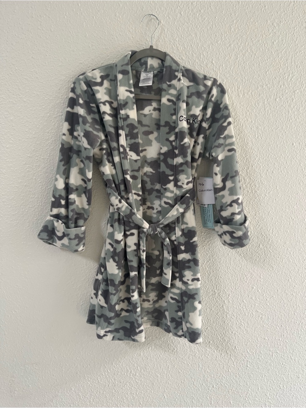 Calvin Klein Camouflage Plush Robe in Green, Gray and White